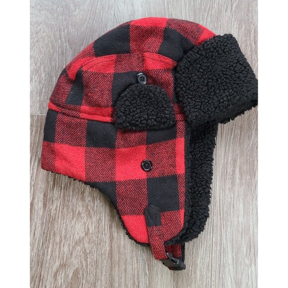 Eddie Bauer Red And Black Plaid Men's Trapper Hat Fleece Lined Ear Covers S/M - Picture 1 of 5